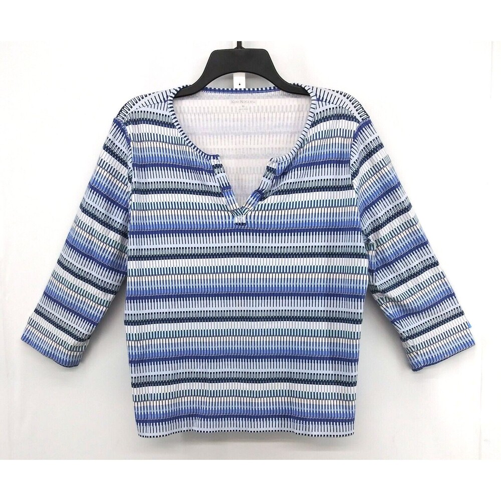 Kim Rogers Shirt Womens Size XL Blue Geometric 3/4 Sleeve Split V-Neck Top